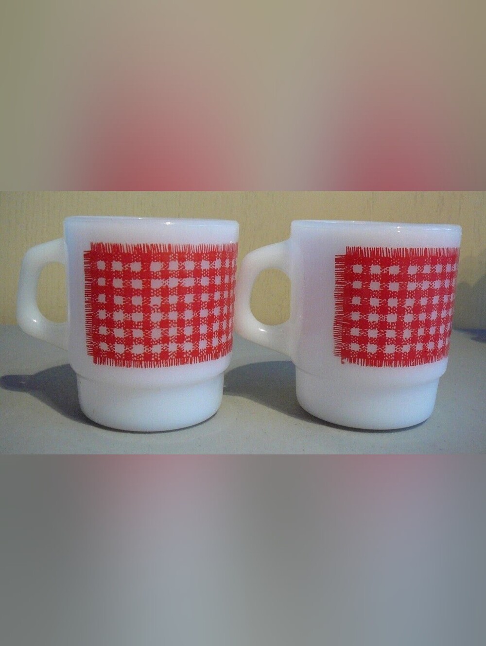 2 Anchor Hocking Fire King Stacking Mugs Cups Red Gingham Check Pattern
